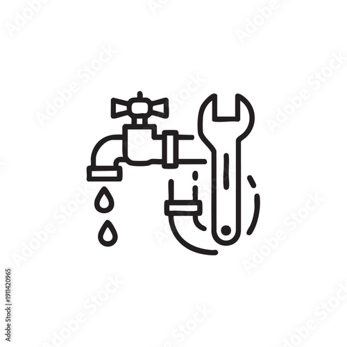 A leaking faucet with a wrench beside it, illustrating a plumbing issue that requires immediate repair or maintenance, depicted in a simple line art style.