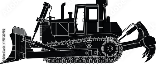 PrintcvBulldozer silhouette illustration, heavy construction equipment design, industrial machinery art, earthmoving vehicle concept, mechanical engineering profile