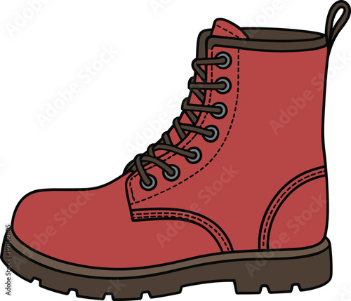 Red lace-up outdoor boot silhouette, durable footwear design, rugged sole fashion icon, flat vector CAD drawing, stylish leather shoe artwork for gear illustration