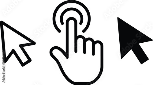 Computer Mouse Cursors and Finger Touch Gesture Line and Glyph Icons