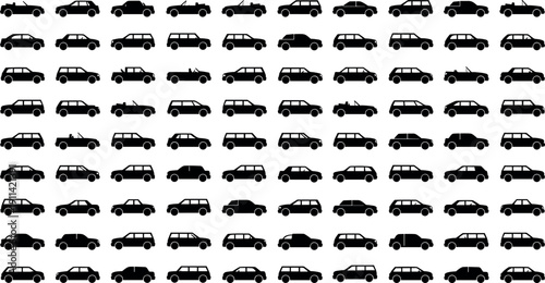 Vector Set of Diverse Car Silhouettes Featuring Sedans, Convertibles, Hatchbacks, and SUVs for Automotive Designs