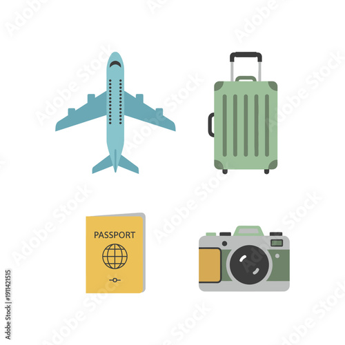 Travel essentials including airplane, luggage, passport, and camera on white background