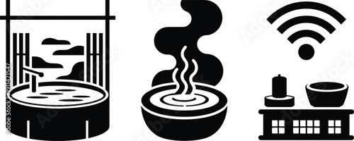 Japanese Spa and Wellness Center Amenity Glyph Icons Featuring Onsen and Hot Springs