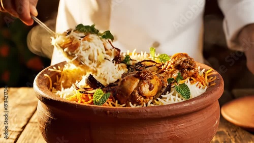 Chef opening steaming clay pot of chicken biryani 4K Video