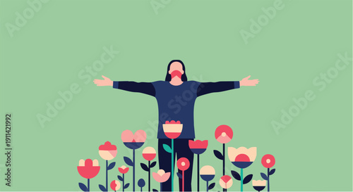 Person with arms outstretched in a field of flowers.