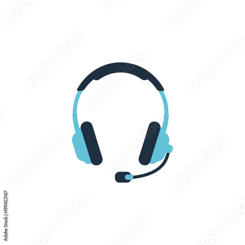 A graphic illustration of a headset with a microphone on a plain background.