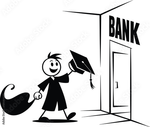 Graduate in cap and gown walking toward bank building, financial planning, student loans, career success, education, money management illustration
