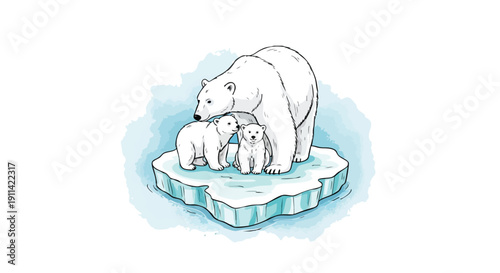 Polar Bear Family on Melting Ice Floe Illustration.