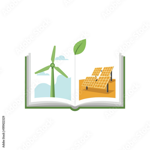 An open book illustrates renewable energy with a wind turbine and solar panels.