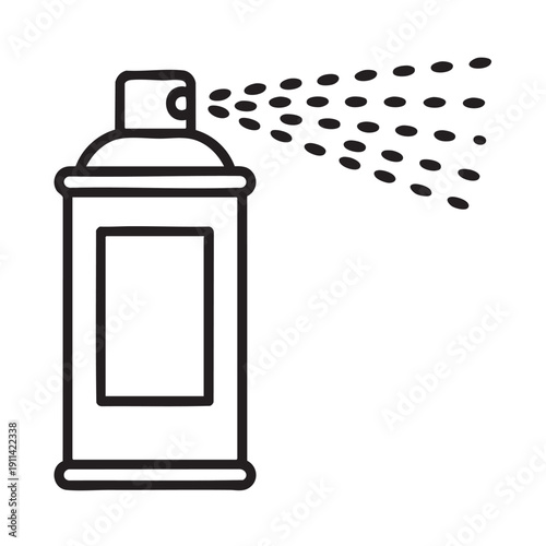 A spray can emits a fine mist of particles from its nozzle, illustrating a common tool used for various applications in a simple line art style from a straightforward viewpoint.