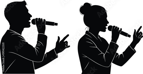 Male and female singer silhouettes performing duet, microphone vocals, music concert concept, black and white vector illustration isolated modern design