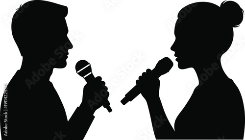 Male and female singers silhouettes with microphones, duet performance concept illustrating vocal music collaboration, stage entertainment and live concert