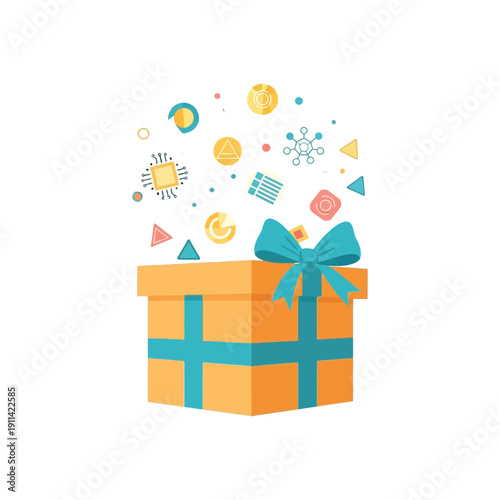 A teal-ribboned orange gift box opens, releasing colorful geometric shapes and symbols.