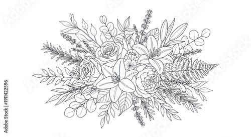 Elegant Floral Line Art Bouquet - Hand Drawn Flowers and Leaves Sketch