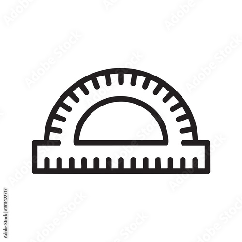 A simple black line illustration of a protractor on a plain background from a straightforward frontal viewpoint showing measurement and geometry tools