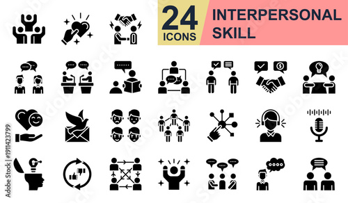 Interpersonal Skill Icons set vector illustration. Containing Respect, Conflict Resolution, Debate, Negotiation Skill, Interactive and more. Simple glyph icons collection.