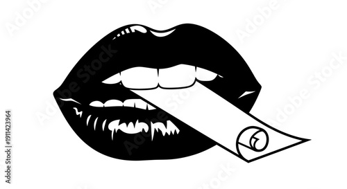 Open Mouth With Rolled Paper Strip Coming Out, Black and White Graphic