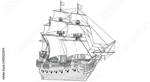 Old Sailing Ship Illustration, Vintage Naval Vessel Drawing