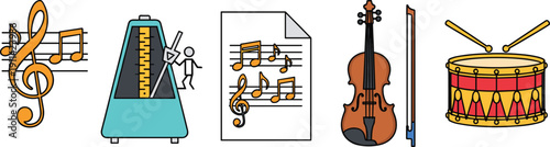 Vector illustration set of classical music icons featuring treble clef notes metronome sheet music violin with bow and parade drum for artistic education design