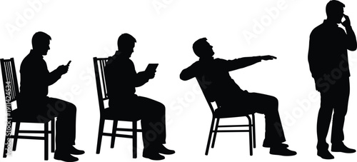 Male silhouette using smartphone and tablet while sitting and standing, black shadow man isolated on white background