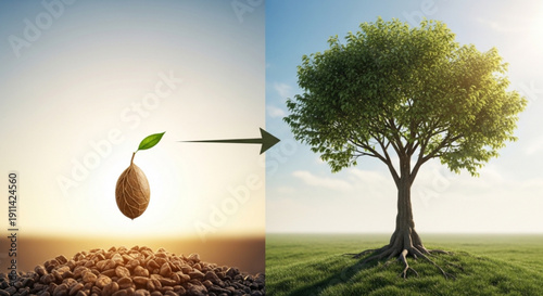 Seedling growth stages from sprout to mature tree in nature