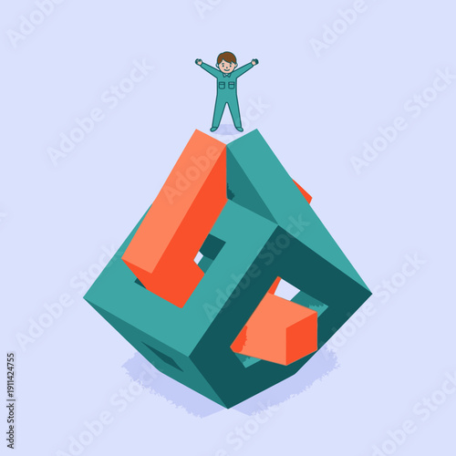 A determined individual stands triumphantly atop a complex, abstract geometric structure, symbolizing successful achievement and overcoming significant obstacles.