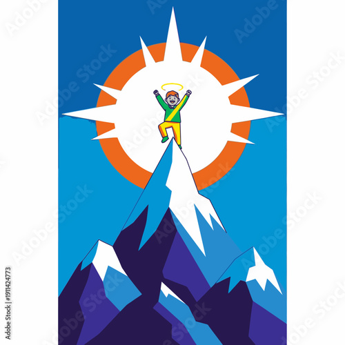 A triumphant figure stands atop a majestic, snow-capped mountain peak, celebrating an incredible achievement against a radiant sunburst.