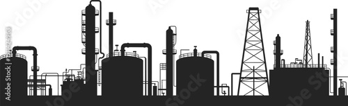 Oil refinery industrial plant silhouette, petroleum factory with storage tanks and drilling rig vector illustration isolated on white