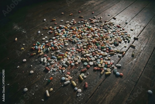 High angle view of colorful pharmaceutical pills and capsules spilled chaotically on dark wooden floor with crushed powder