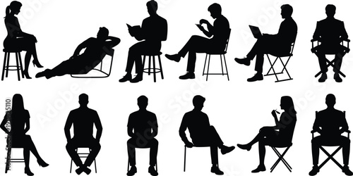 People sitting on chairs silhouettes collection, men and women reading working and relaxing vector illustration isolated on white