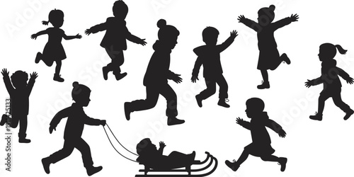 Children playing silhouettes collection, kids running jumping and sledding vector illustration isolated on white background for childhood activity concept