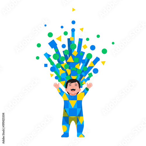 A cheerful child, dressed in vibrant geometric patterns, happily celebrates as a colorful burst of shapes symbolizes imagination, creativity, and playful learning.