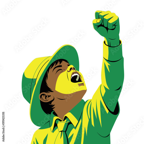 This powerful graphic illustration captures a young person, fist raised in triumph, passionately expressing their voice for change, hope, and social justice.