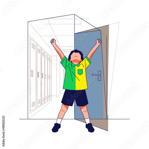 A cheerful young student celebrates a major accomplishment, standing with arms raised in a school hallway, symbolizing academic success and new beginnings.