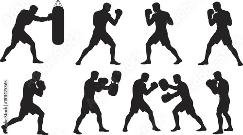 Boxing training silhouettes collection, fighter workout poses with punching bag and sparring partner vector illustration isolated on white background
