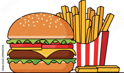 Εκτύπωση καμβά A large burger with fries on the side, viewed from the front, on a simple backgr