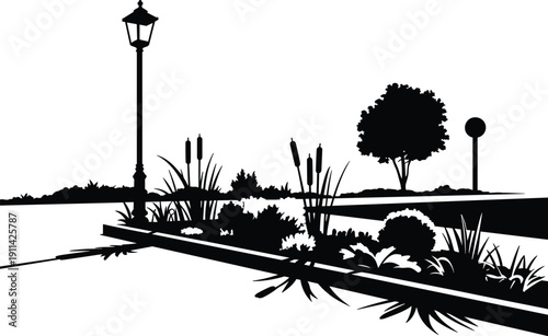 Urban park landscape silhouette, street lamp with garden plants and trees, city sidewalk scenery isolated on white background vector illustration