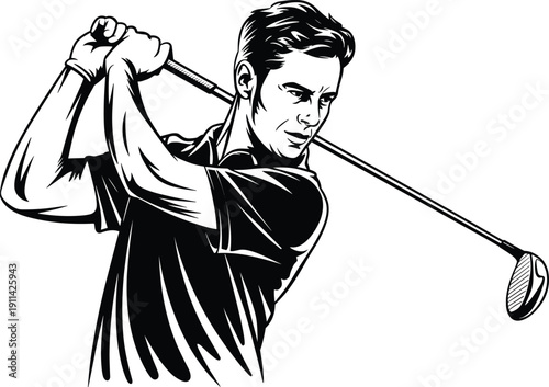 Golfer swing illustration vector, professional golf player performing powerful drive shot isolated on white background, sports action graphic design