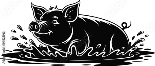 Cute pig silhouette splashing in mud, farm animal illustration, black and white swine character logo isolated on white background vector design