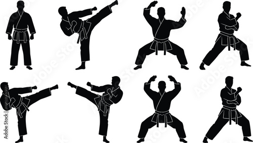 Karate martial arts silhouettes vector set, fighters performing kicks and defensive stances isolated on white background for combat sport design