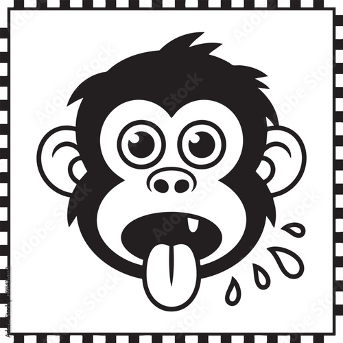 A cartoon monkey face illustration with a shocked expression and tongue out, surrounded by a black and white checkered border, viewed from a straight-on perspective in a simple graphic style.