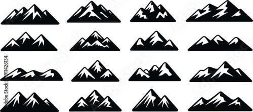 Mountain silhouette collection, black peak icons set, snow capped alpine landscape symbols, nature logo elements isolated on white background vector illustration