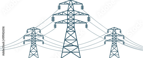 High voltage power line towers, electricity transmission pylons, energy infrastructure network, utility grid illustration isolated on white background vector design
