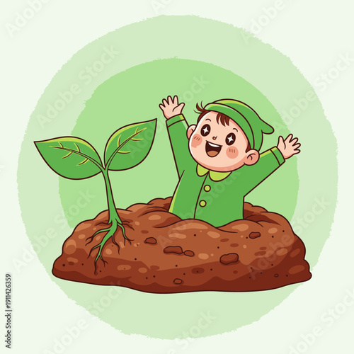 A joyful cartoon baby, dressed in green, happily emerges from rich brown soil next to a vibrant young sprout, symbolizing new life and environmental care.