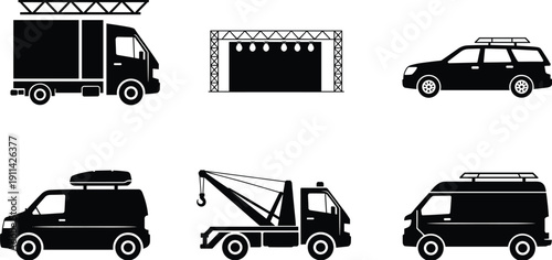 Silhouette transport vehicles set, truck with stage, tow crane, cargo vans and SUV, transportation service icons isolated on white background