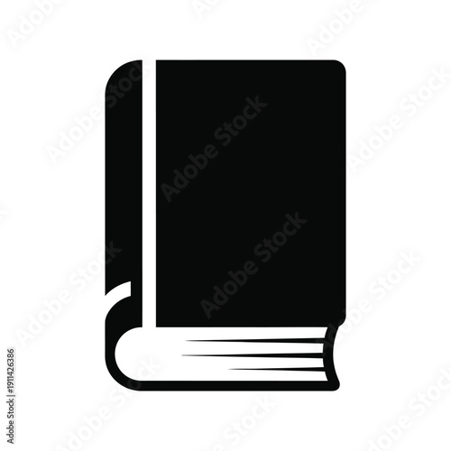 A simple black book icon on white background representing literature and knowledge