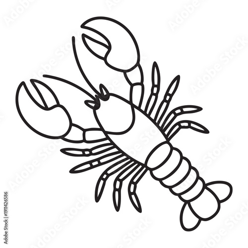 A detailed black and white illustration of a lobster positioned diagonally with claws raised viewed from the side showcasing its segmented body and multiple legs in a minimalist style