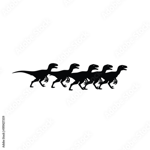 Silhouette of a pack of velociraptors running in unison.