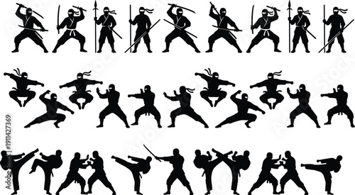 Ninja warrior silhouettes vector set, martial arts fighters performing sword combat and dynamic action poses isolated on white background