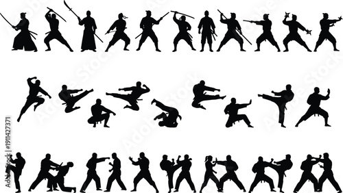 Martial arts and ninja fighter silhouettes vector collection, warriors performing sword combat, kicks and self defense techniques isolated on white